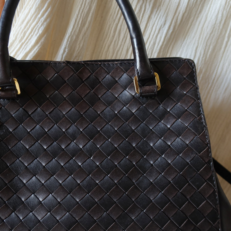 Bottega Veneta Vintage Dark Brown Intrecciato Leather 2way Bag