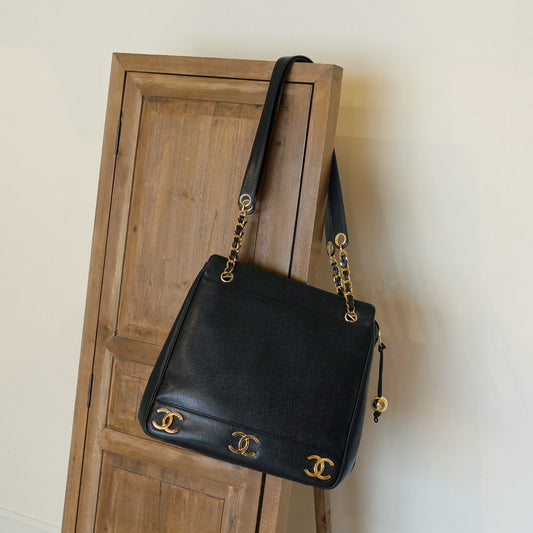 Vintage Chanel Black Caviar 24k Chain Triple CC mark Shoulder Tote Bag