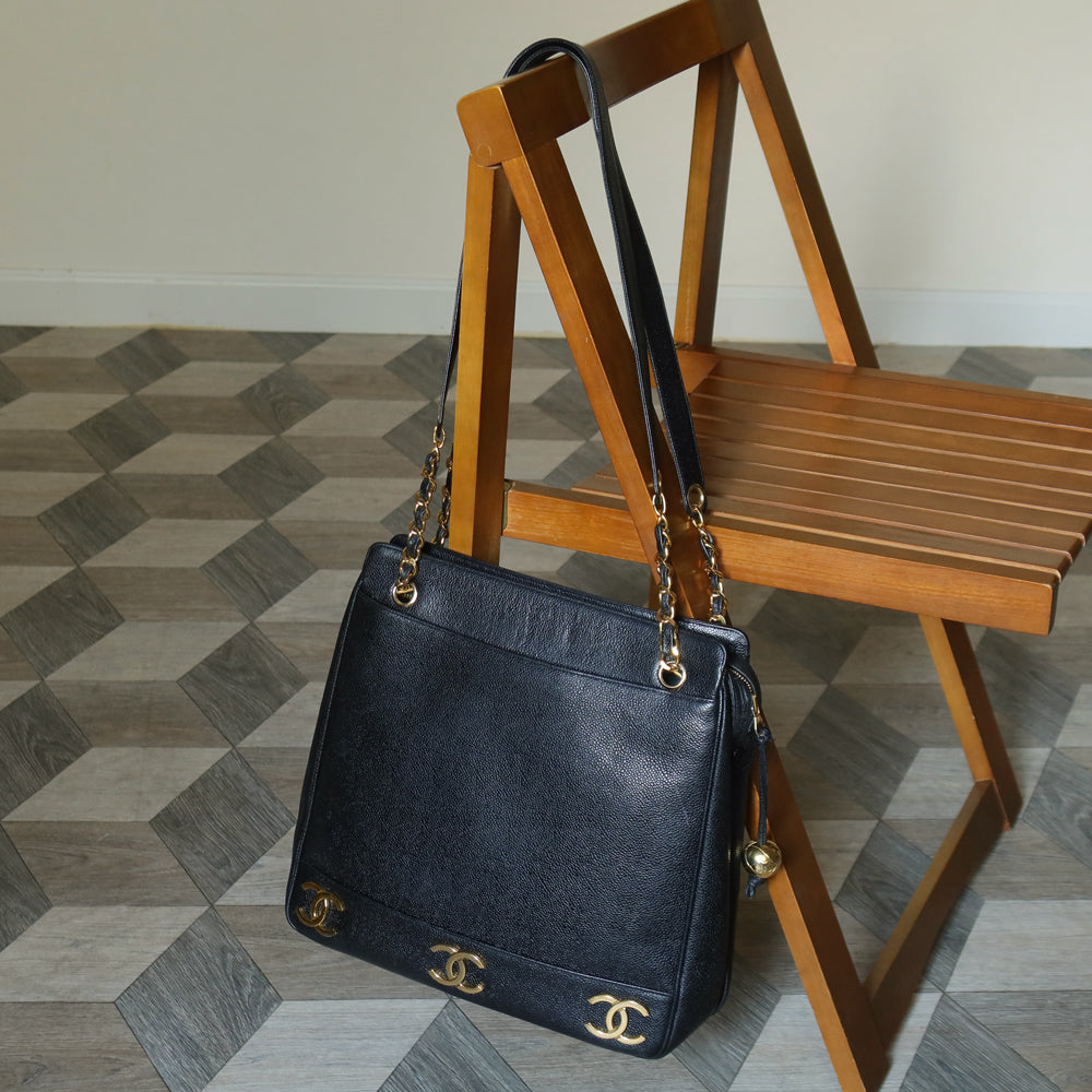 Vintage Chanel Black Caviar 24k Chain Triple CC mark Shoulder Tote Bag