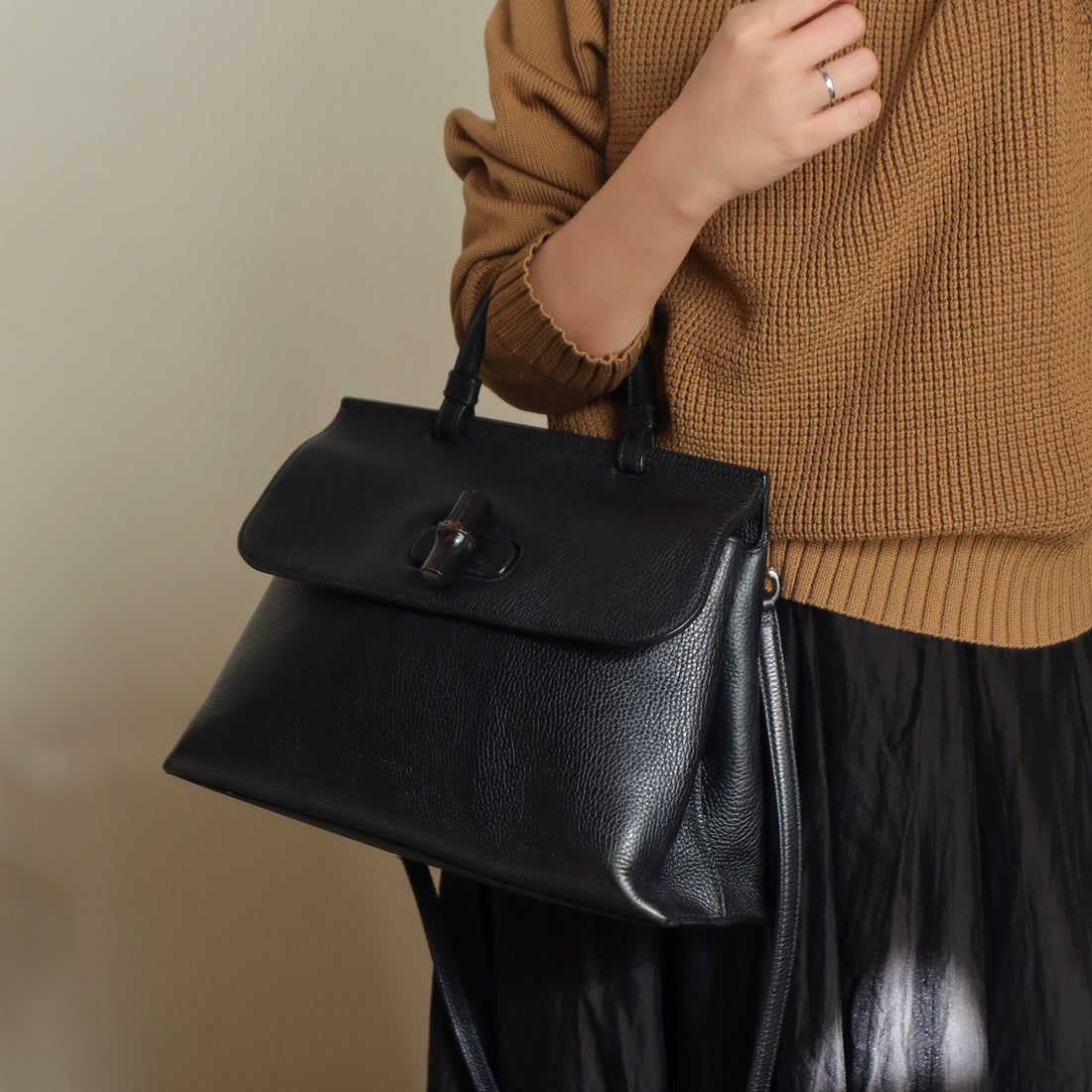 Gucci Vintage Bamboo Daily Black Leather Top Handle 2way Bag