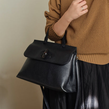 Gucci Vintage Bamboo Daily Black Leather Top Handle 2way Bag
