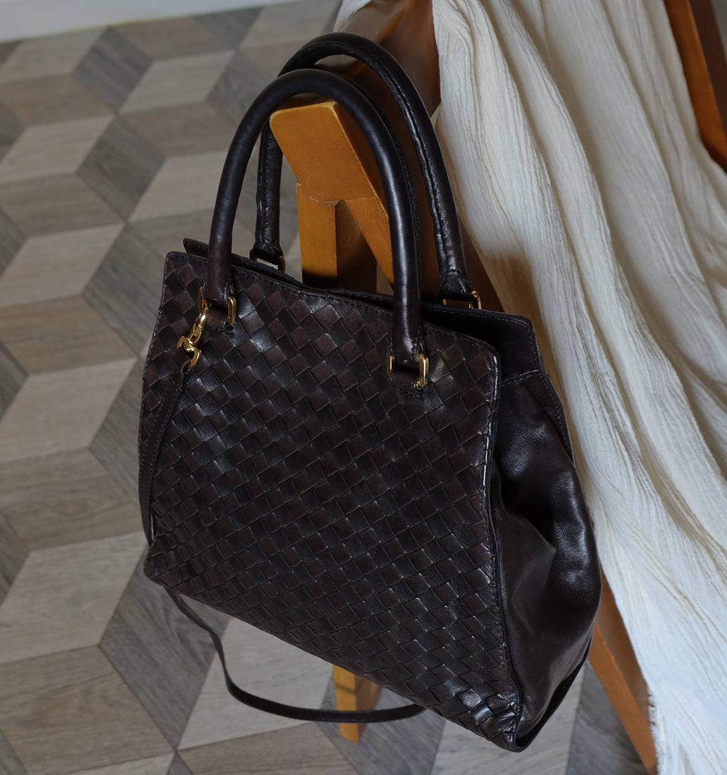 Bottega Veneta Vintage Dark Brown Intrecciato Leather 2way Bag