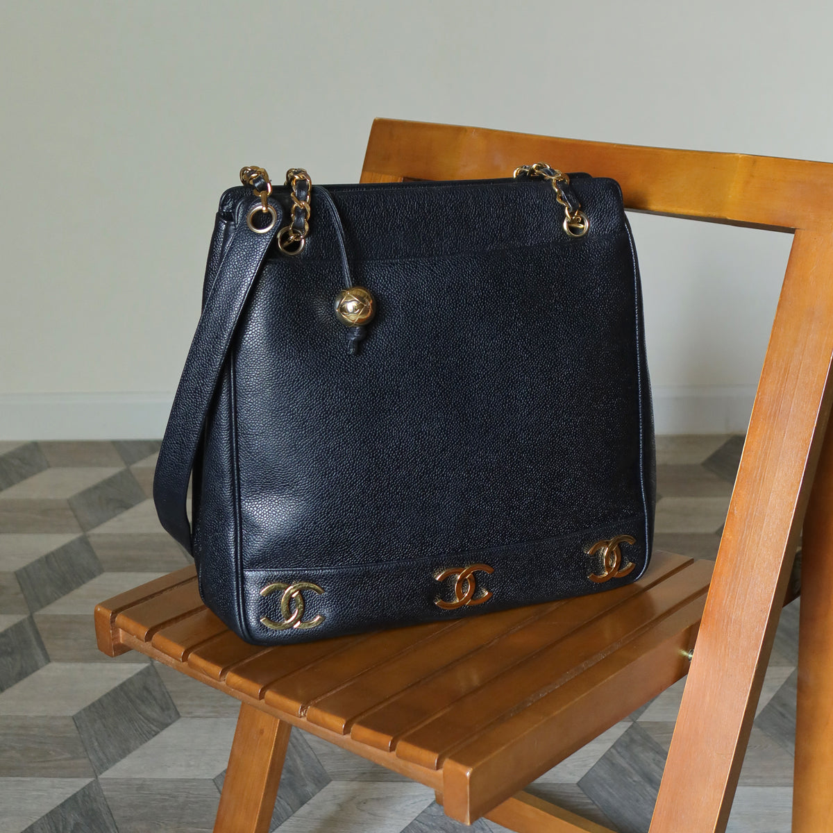 Vintage Chanel Black Caviar 24k Chain Triple CC mark Shoulder Tote Bag