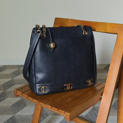 Vintage Chanel Black Caviar 24k Chain Triple CC mark Shoulder Tote Bag