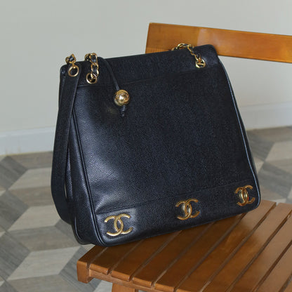 Vintage Chanel Black Caviar 24k Chain Triple CC mark Shoulder Tote Bag