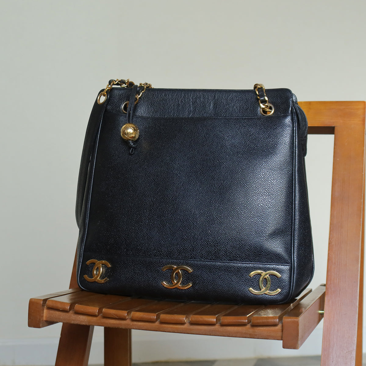 Vintage Chanel Black Caviar 24k Chain Triple CC mark Shoulder Tote Bag