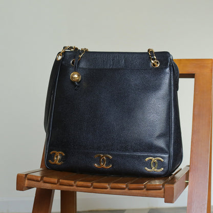 Vintage Chanel Black Caviar 24k Chain Triple CC mark Shoulder Tote Bag