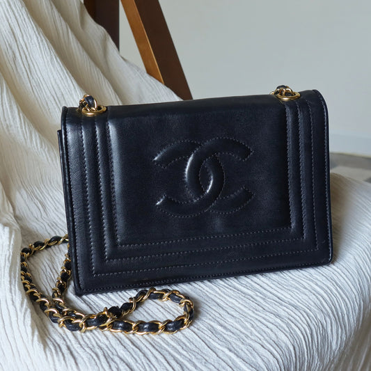 Vintage Chanel Stitched CC mark Black Lambskin Flap Bag