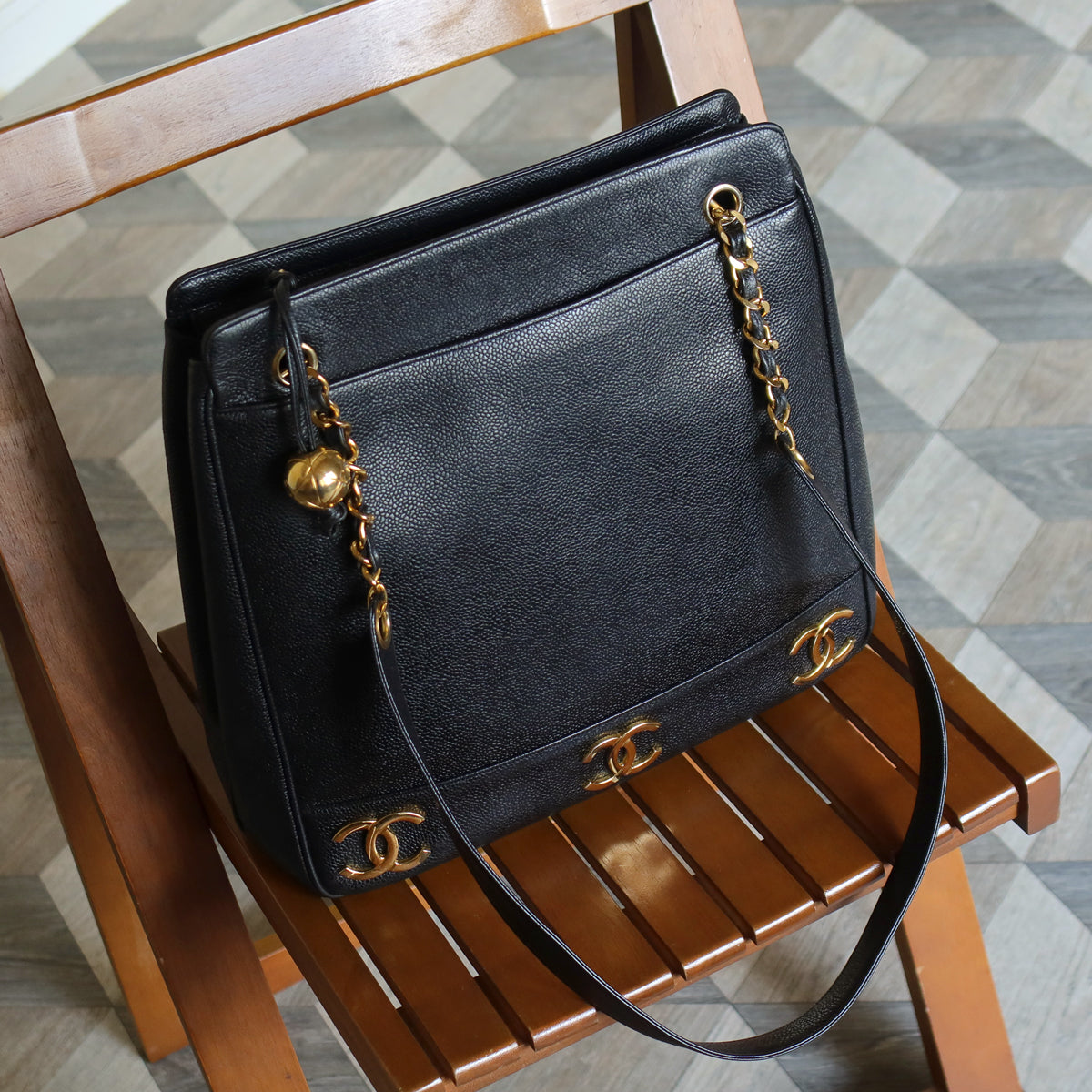 Vintage Chanel Black Caviar 24k Chain Triple CC mark Shoulder Tote Bag