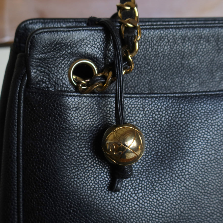 Vintage Chanel Black Caviar 24k Chain Triple CC mark Shoulder Tote Bag