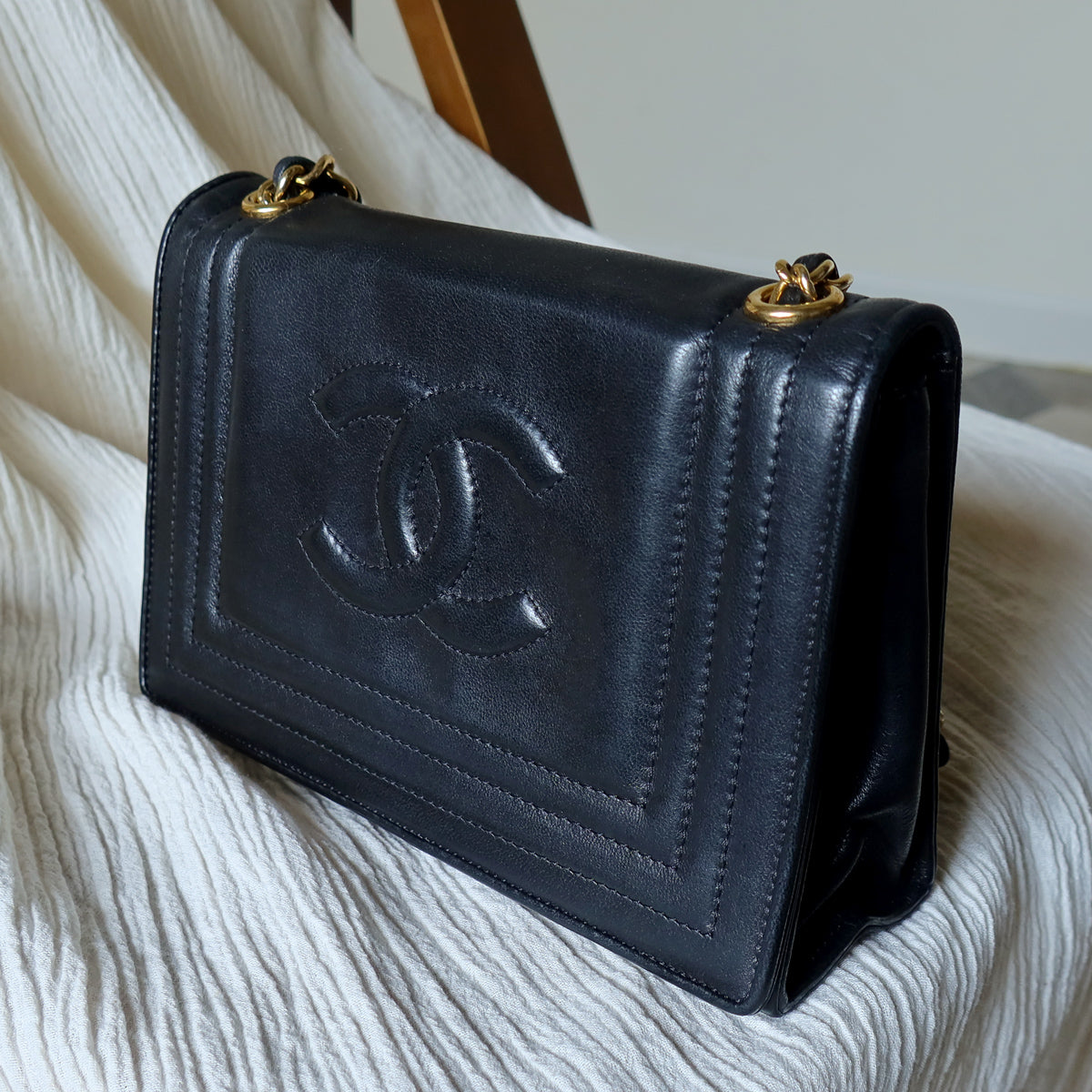 Vintage Chanel Stitched CC mark Black Lambskin Flap Bag