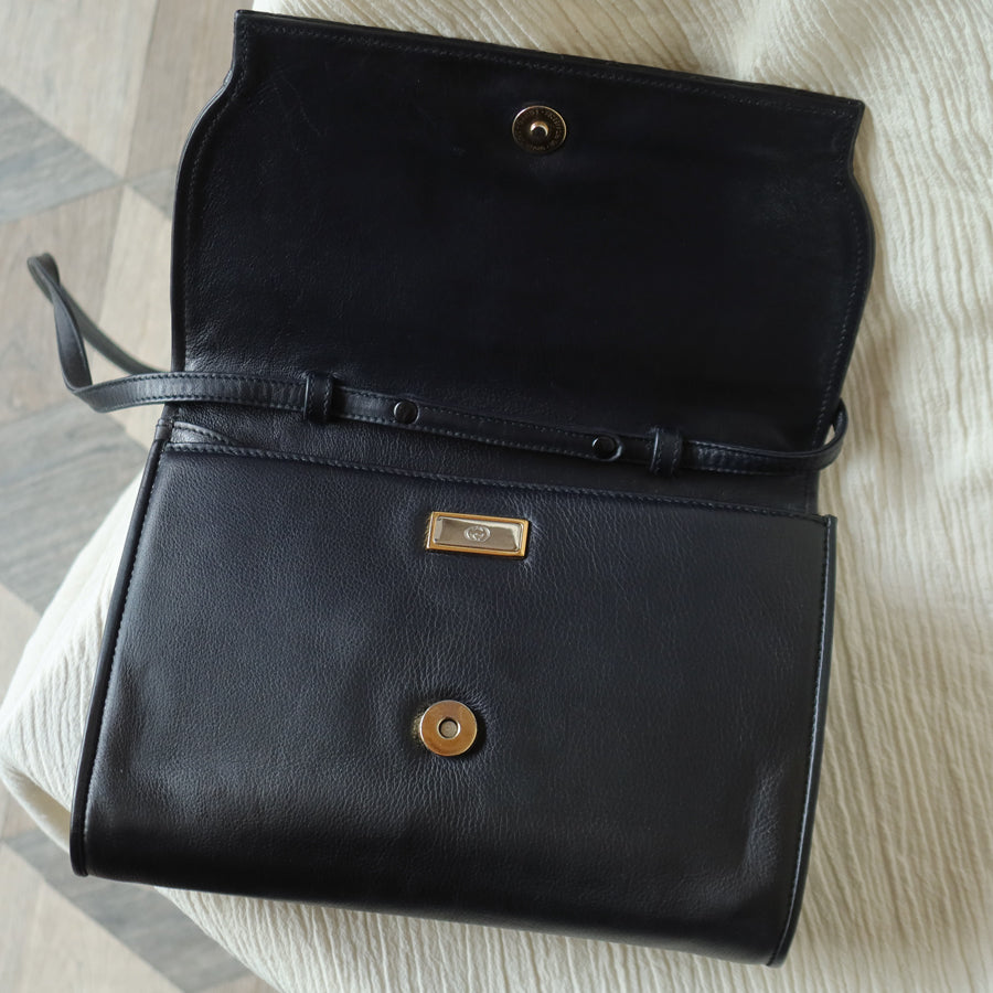 Gucci Vintage Black Leather Ruffled East West 2way Clutch Shoulder Bag