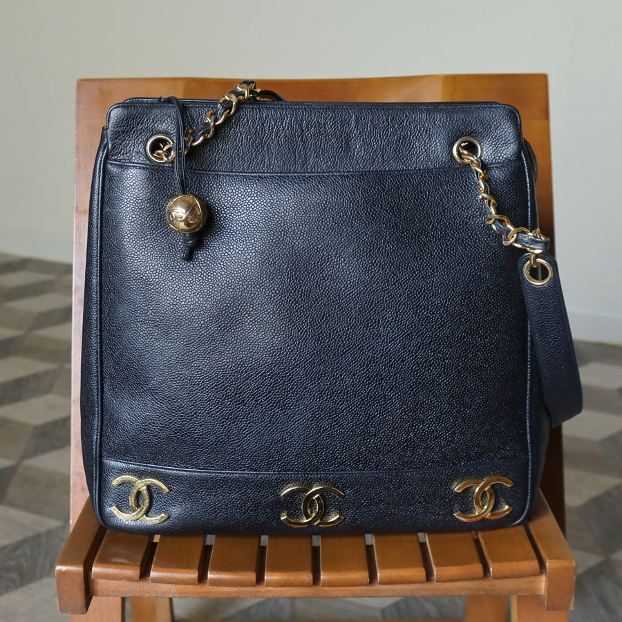 Vintage Chanel Black Caviar 24k Chain Triple CC mark Shoulder Tote Bag
