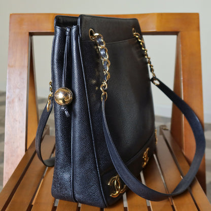Vintage Chanel Black Caviar 24k Chain Triple CC mark Shoulder Tote Bag
