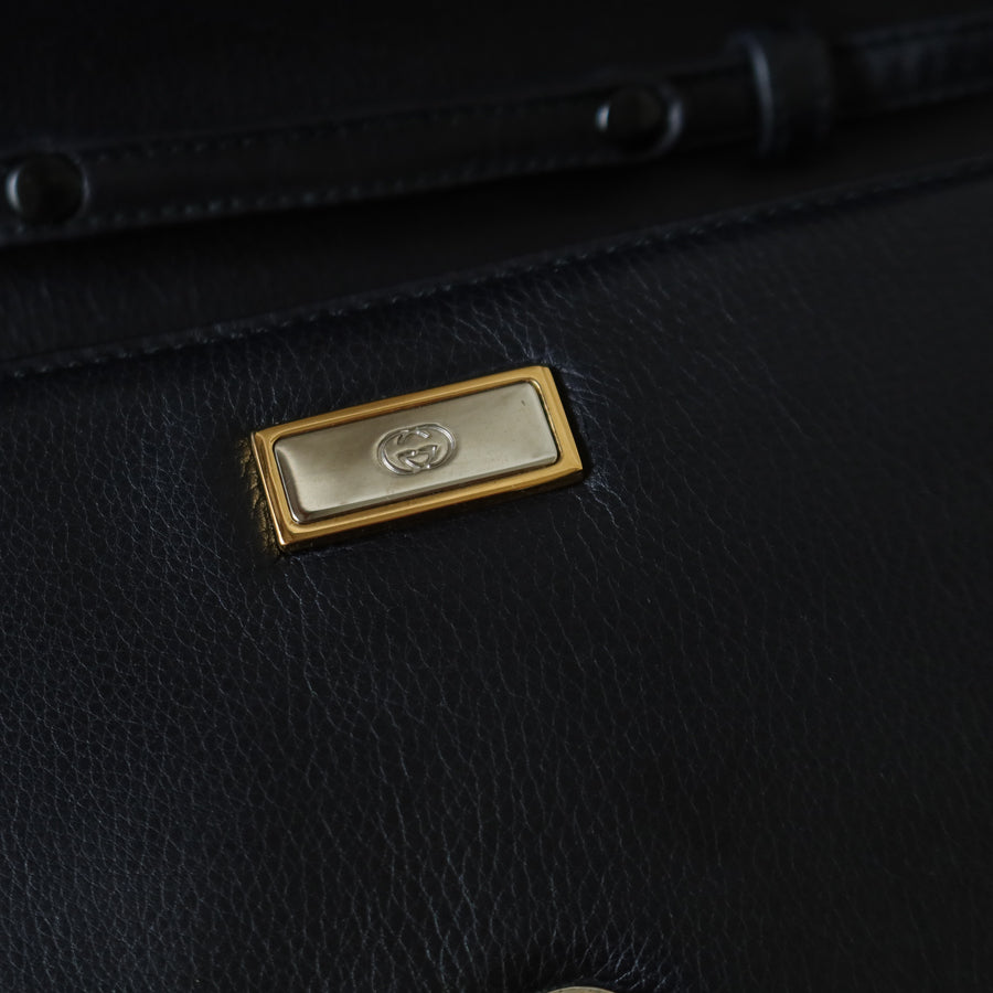 Gucci Vintage Black Leather Ruffled East West 2way Clutch Shoulder Bag