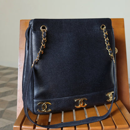 Vintage Chanel Black Caviar 24k Chain Triple CC mark Shoulder Tote Bag