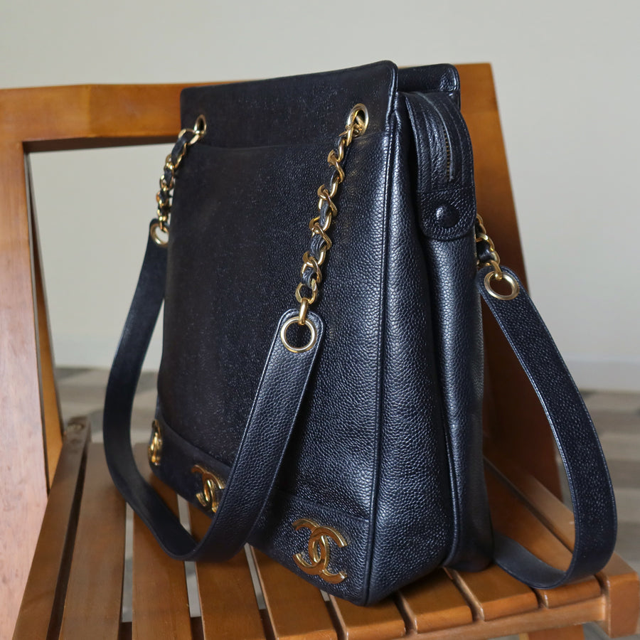 Vintage Chanel Black Caviar 24k Chain Triple CC mark Shoulder Tote Bag