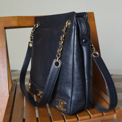 Vintage Chanel Black Caviar 24k Chain Triple CC mark Shoulder Tote Bag