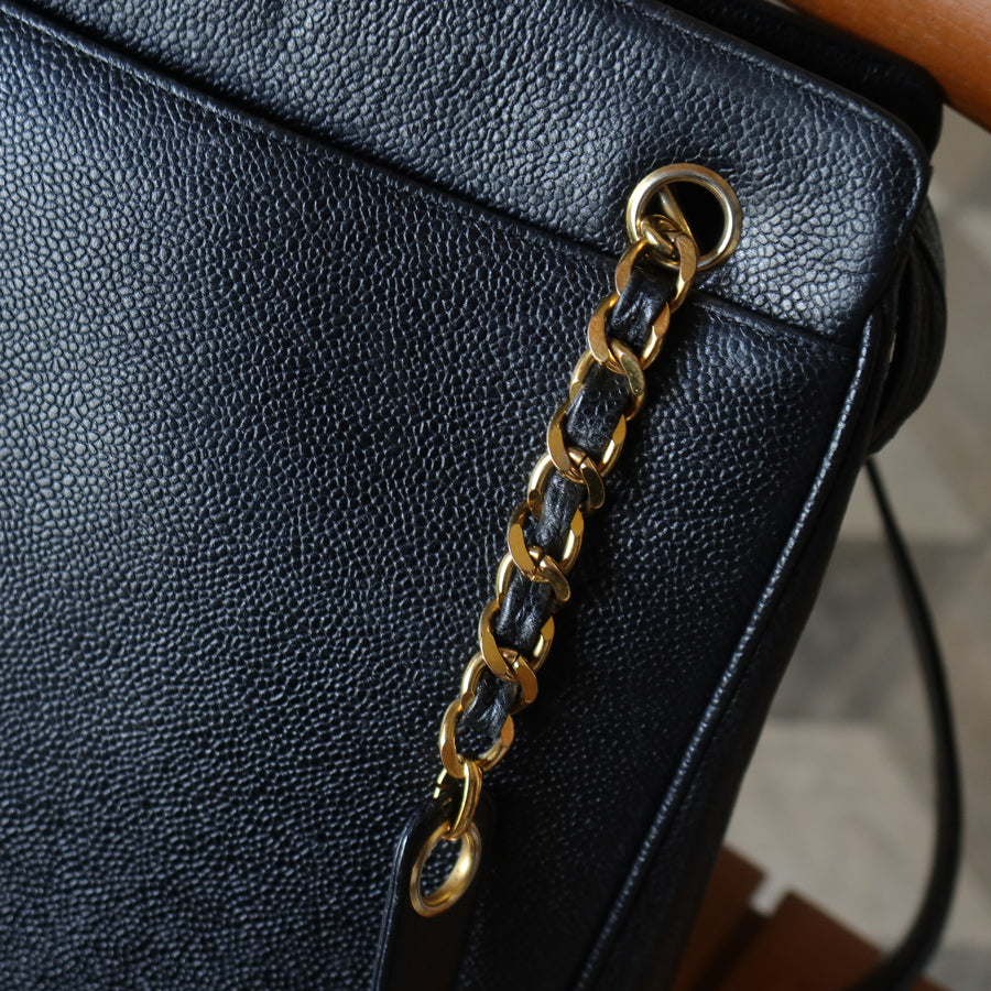 Vintage Chanel Black Caviar 24k Chain Triple CC mark Shoulder Tote Bag
