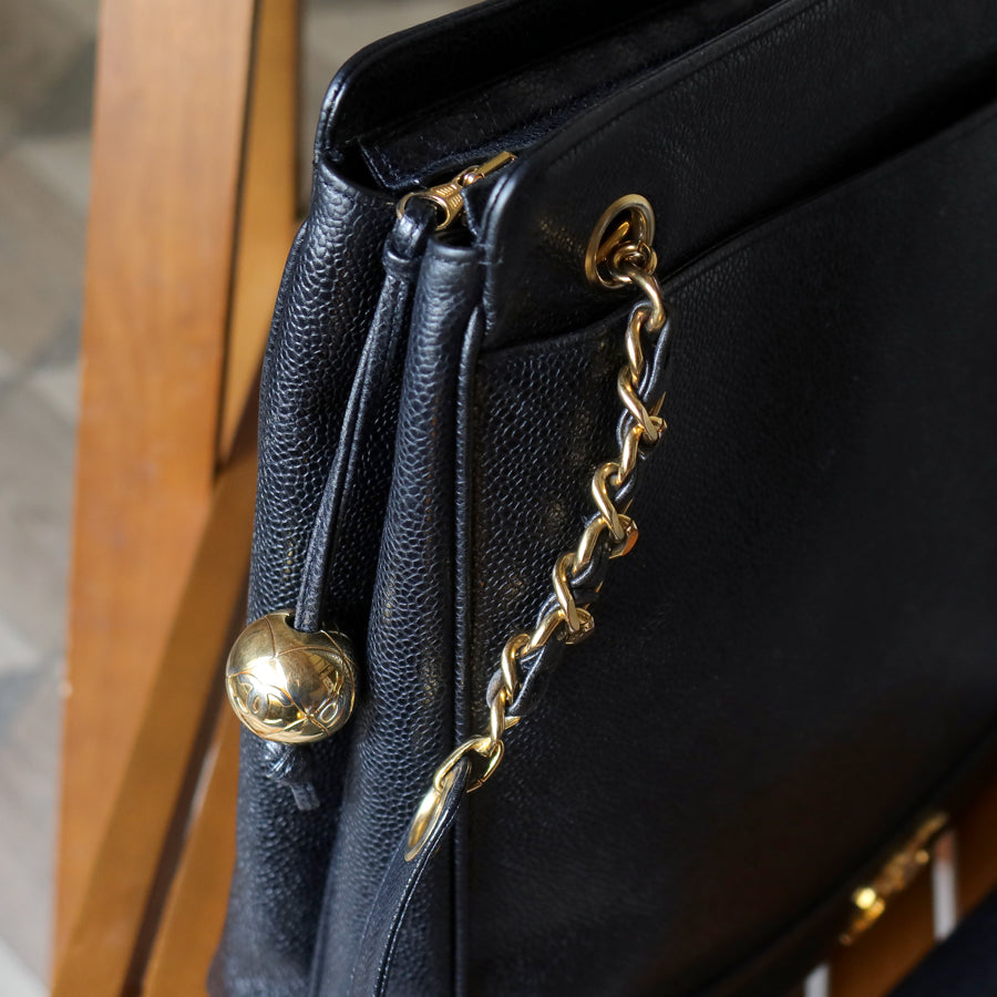 Vintage Chanel Black Caviar 24k Chain Triple CC mark Shoulder Tote Bag