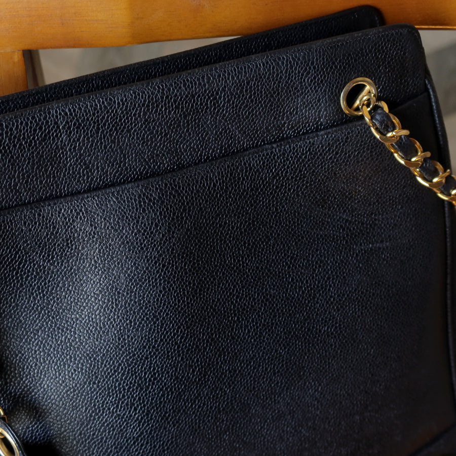 Vintage Chanel Black Caviar 24k Chain Triple CC mark Shoulder Tote Bag
