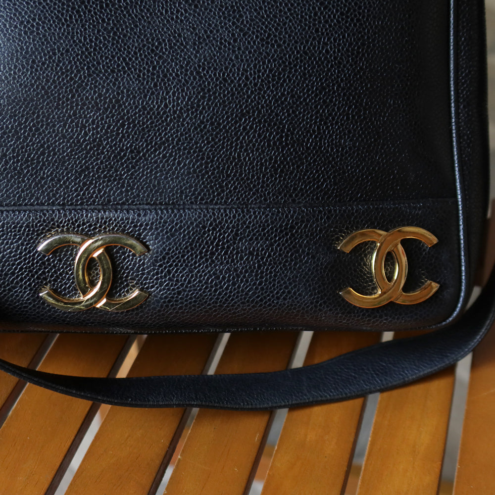 Vintage Chanel Black Caviar 24k Chain Triple CC mark Shoulder Tote Bag