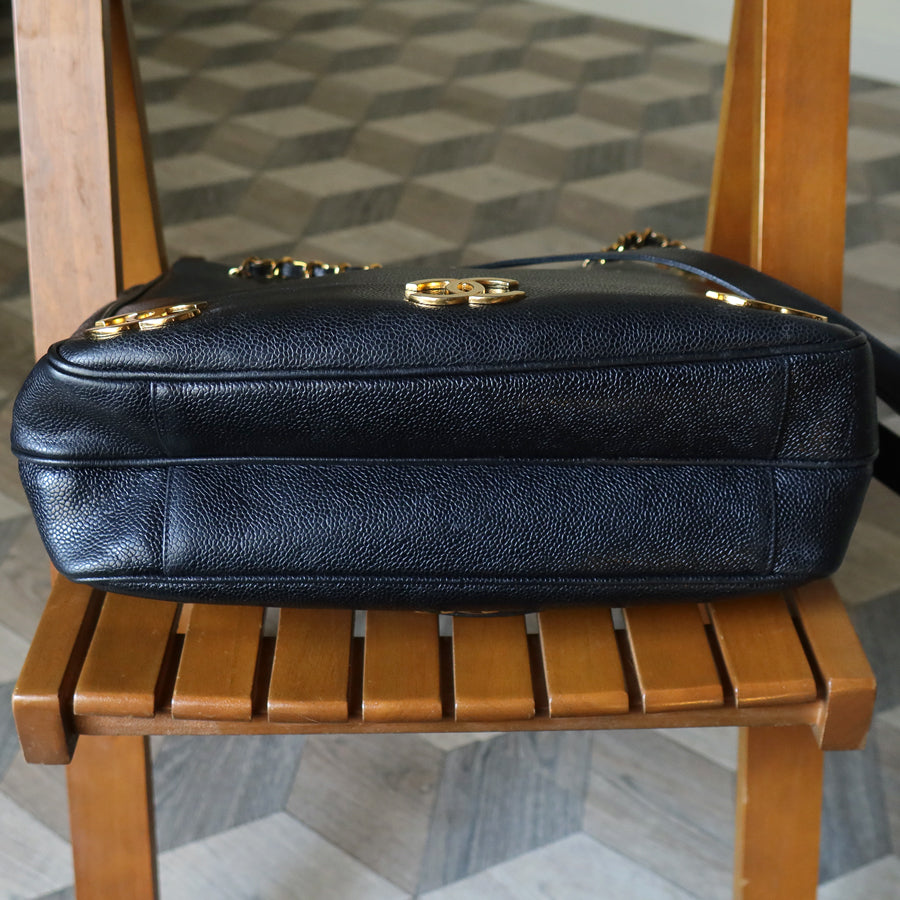 Vintage Chanel Black Caviar 24k Chain Triple CC mark Shoulder Tote Bag