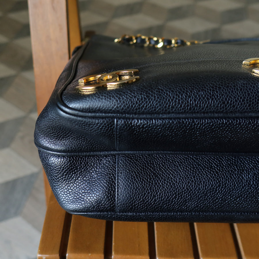 Vintage Chanel Black Caviar 24k Chain Triple CC mark Shoulder Tote Bag