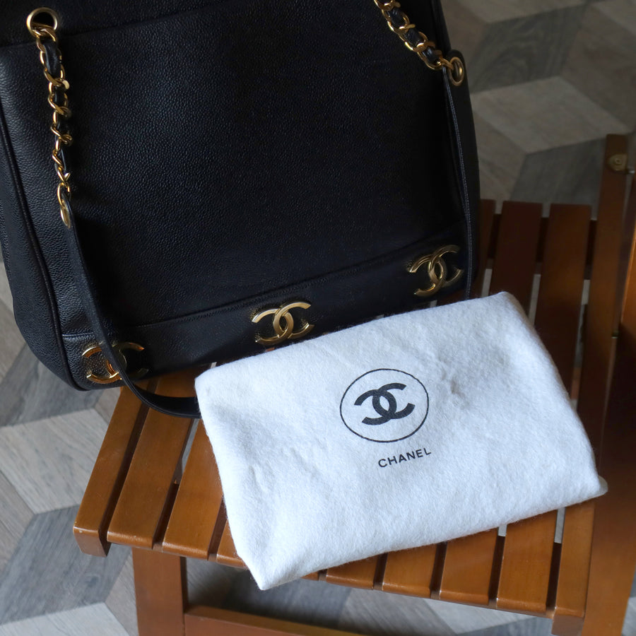 Vintage Chanel Black Caviar 24k Chain Triple CC mark Shoulder Tote Bag