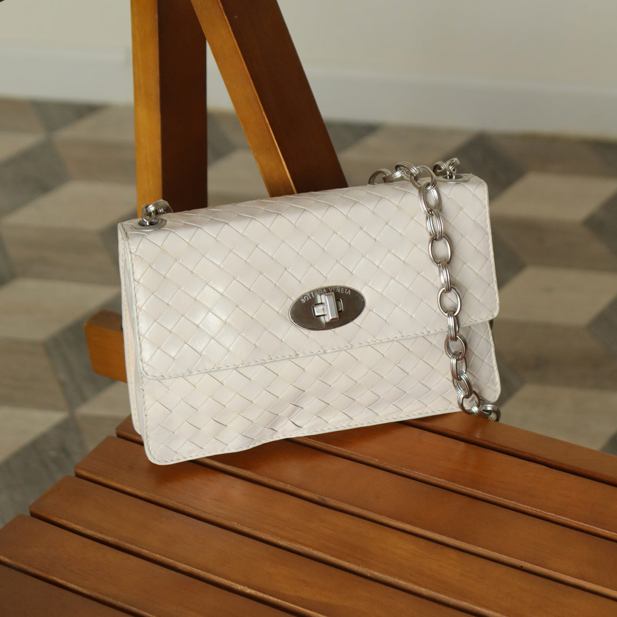 Bottega Veneta Vintage Ivory White Intrecciato Turn lock 2way Mini Shoulder Bag