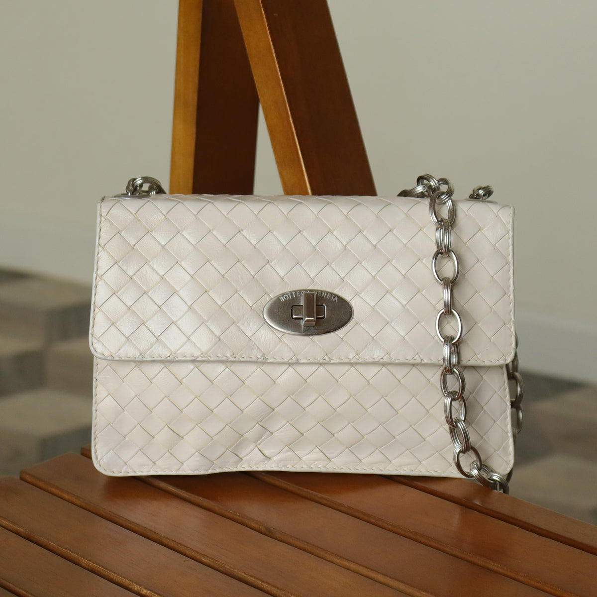 Bottega Veneta Vintage Ivory White Intrecciato Turn lock 2way Mini Shoulder Bag