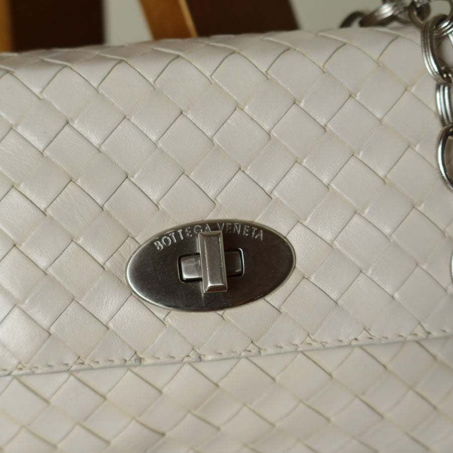 Bottega Veneta Vintage Ivory White Intrecciato Turn lock 2way Mini Shoulder Bag