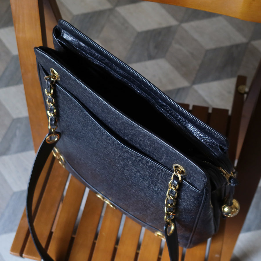 Vintage Chanel Black Caviar 24k Chain Triple CC mark Shoulder Tote Bag