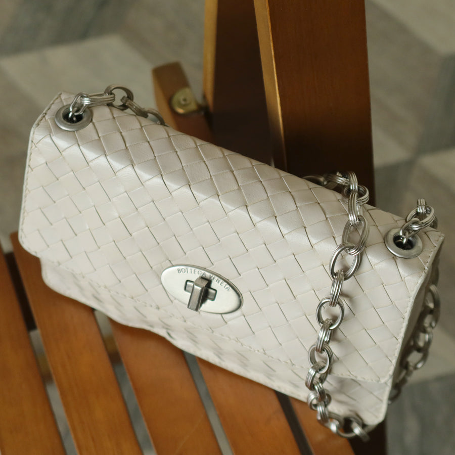 Bottega Veneta Vintage Ivory White Intrecciato Turn lock 2way Mini Shoulder Bag