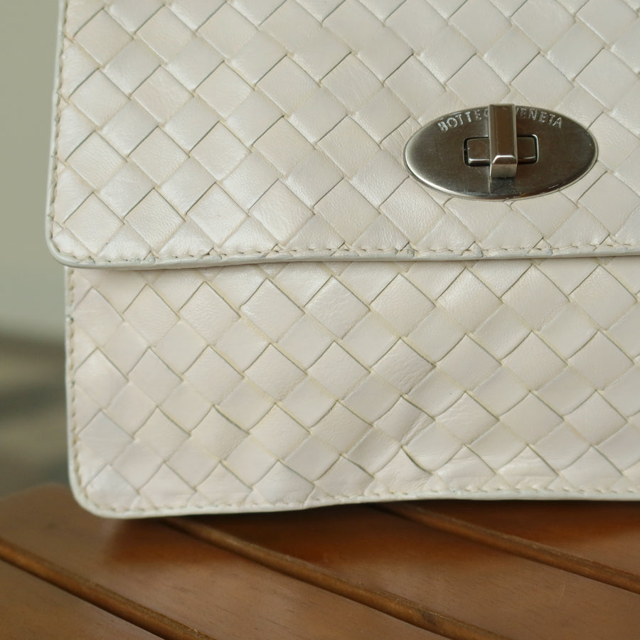Bottega Veneta Vintage Ivory White Intrecciato Turn lock 2way Mini Shoulder Bag