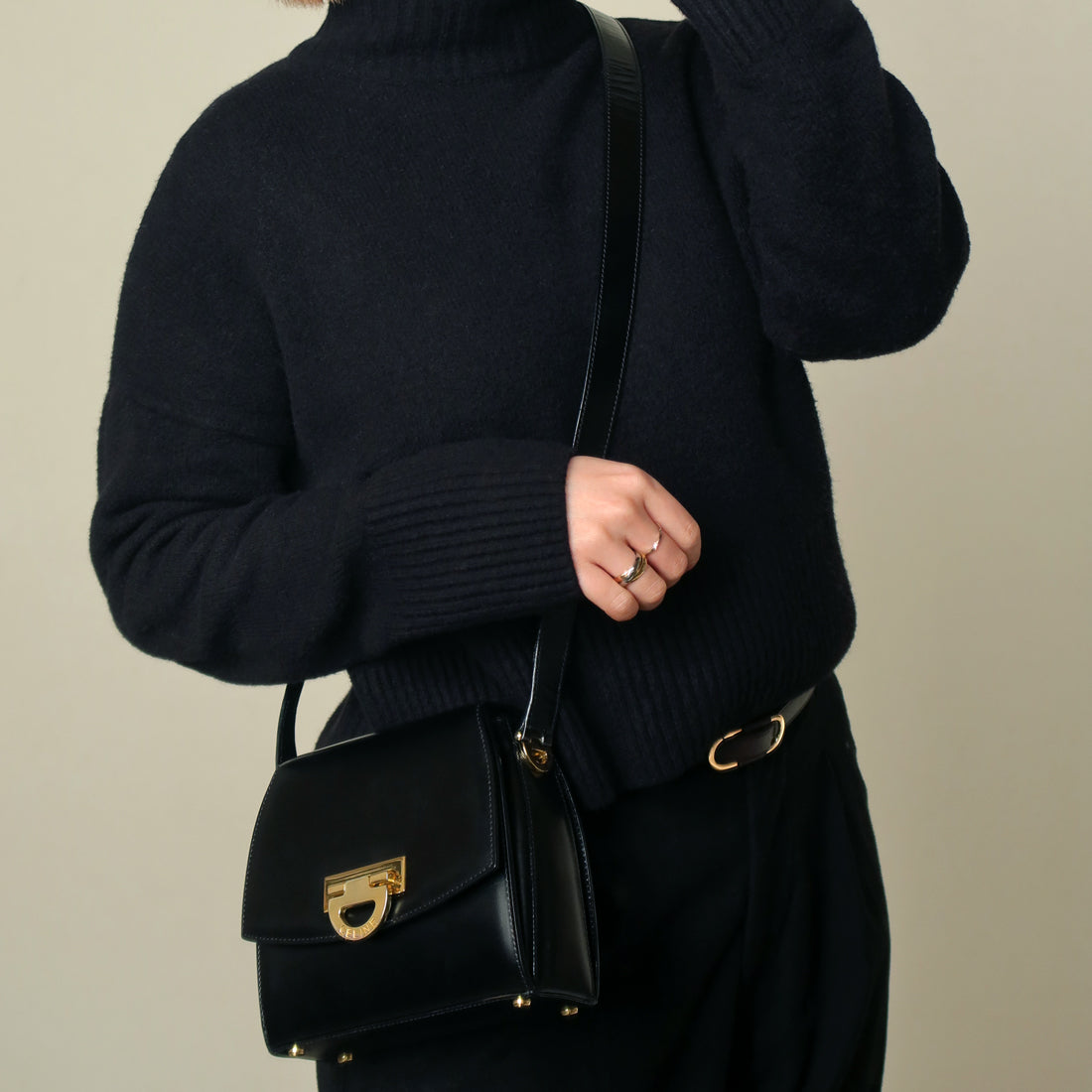 Celine Vintage Black box leather Gold Gancini Crossbody Flap Bag