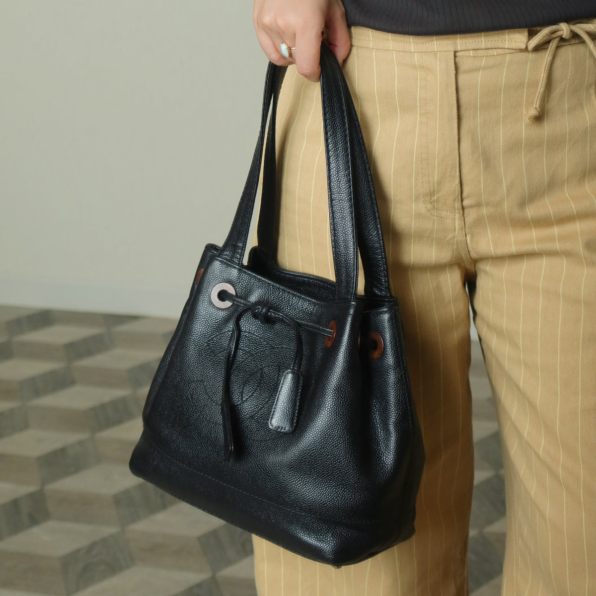 Chanel Vintage Black Caviar CC mark Wood resin Drawstring Weekend Shoulder Bag