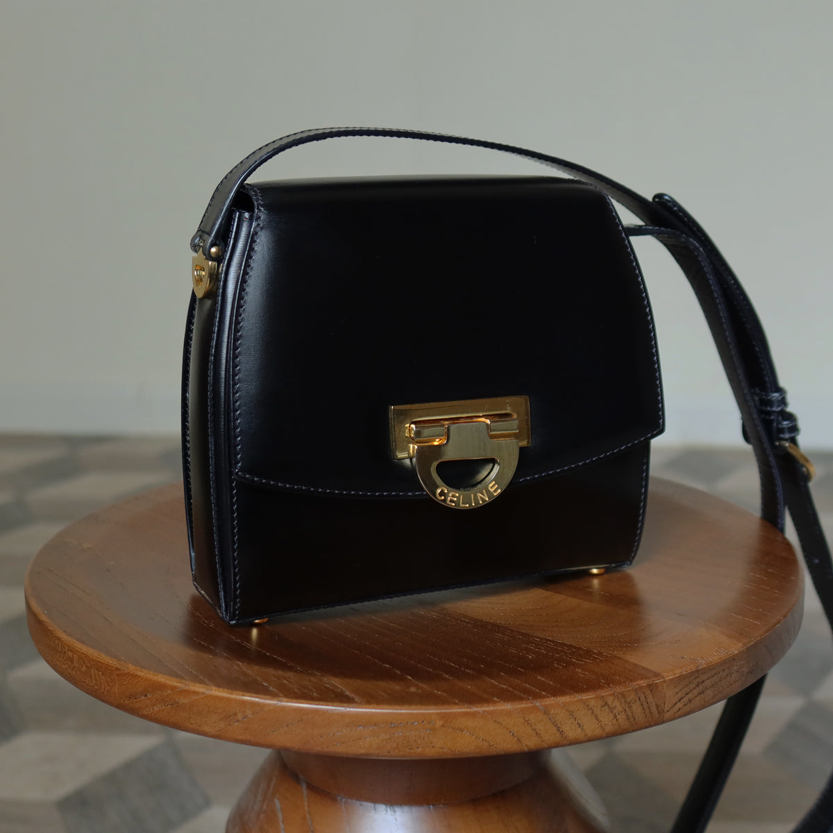 Celine Vintage Black box leather Gold Gancini Crossbody Flap Bag