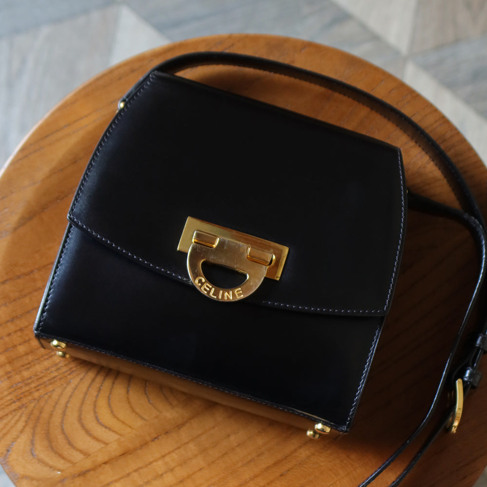 Celine Vintage Black box leather Gold Gancini Crossbody Flap Bag