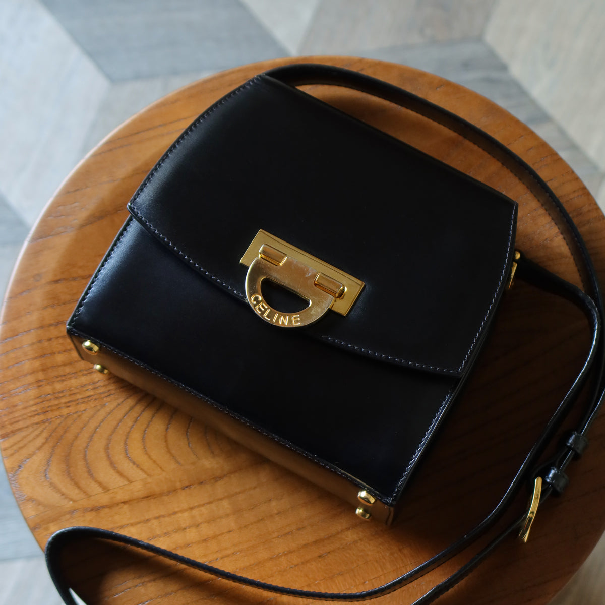 Celine Vintage Black box leather Gold Gancini Crossbody Flap Bag