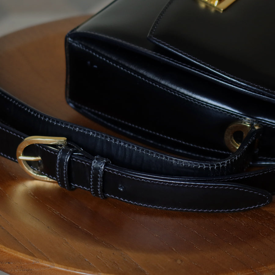 Celine Vintage Black box leather Gold Gancini Crossbody Flap Bag