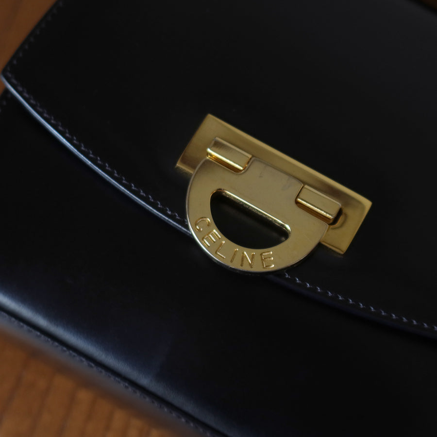 Celine Vintage Black box leather Gold Gancini Crossbody Flap Bag