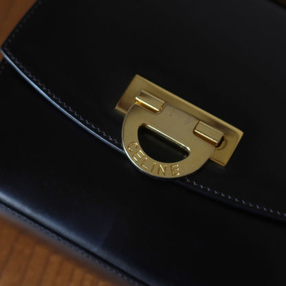 Celine Vintage Black box leather Gold Gancini Crossbody Flap Bag