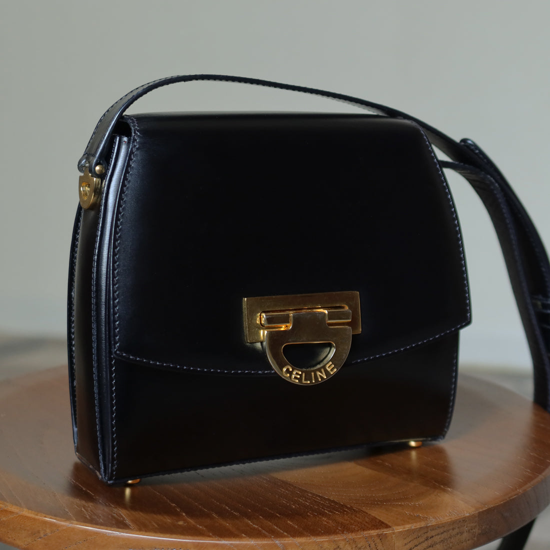 Celine Vintage Black box leather Gold Gancini Crossbody Flap Bag