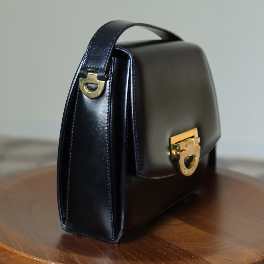 Celine Vintage Black box leather Gold Gancini Crossbody Flap Bag