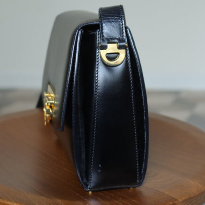 Celine Vintage Black box leather Gold Gancini Crossbody Flap Bag
