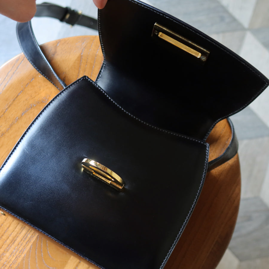 Celine Vintage Black box leather Gold Gancini Crossbody Flap Bag