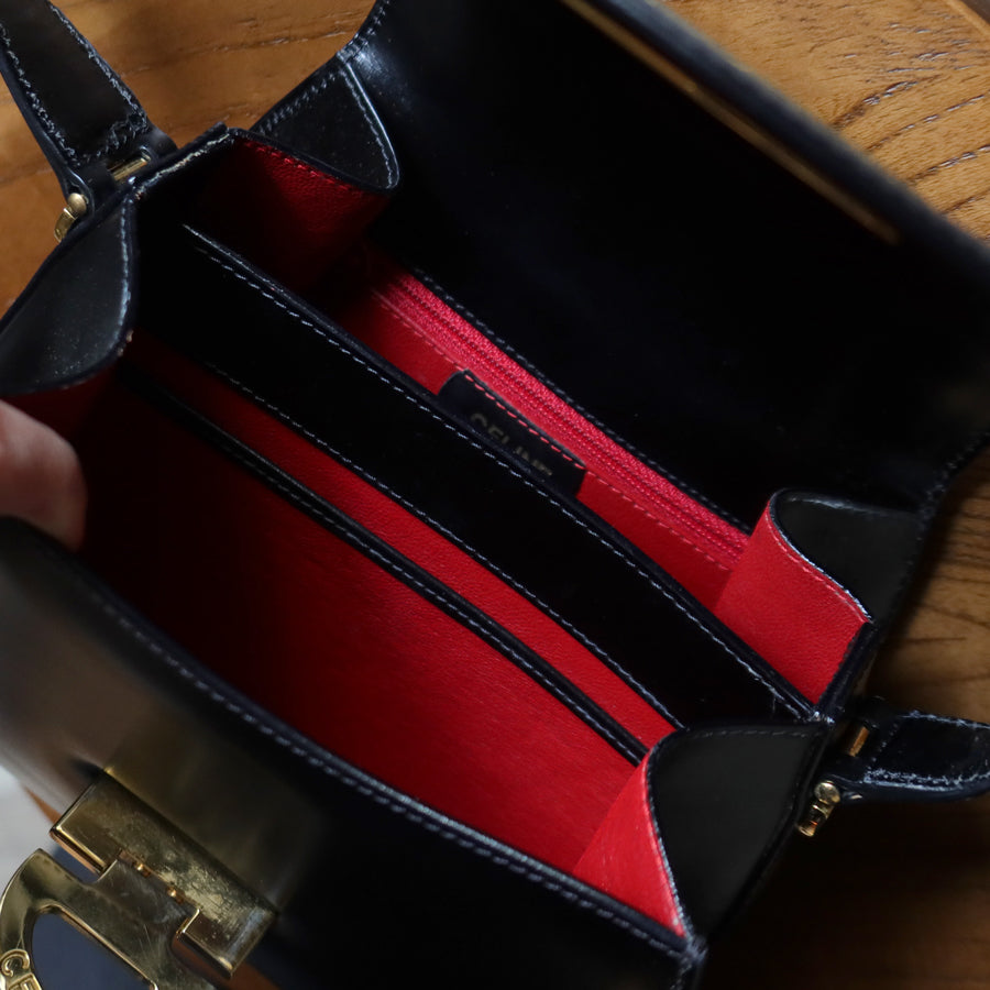 Celine Vintage Black box leather Gold Gancini Crossbody Flap Bag