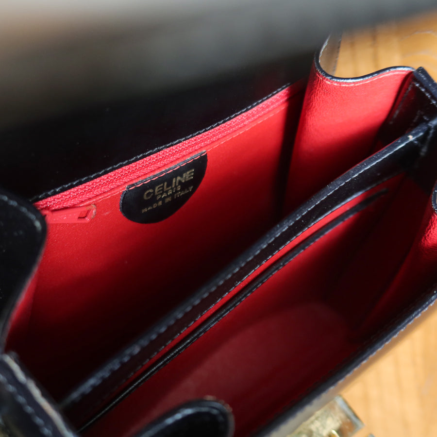 Celine Vintage Black box leather Gold Gancini Crossbody Flap Bag