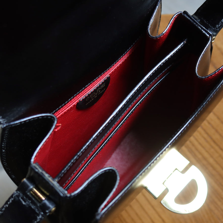 Celine Vintage Black box leather Gold Gancini Crossbody Flap Bag